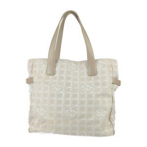 CHANEL New Travel Tote GM A15825 Beige Canvas Leather Women's Shoulder Bag